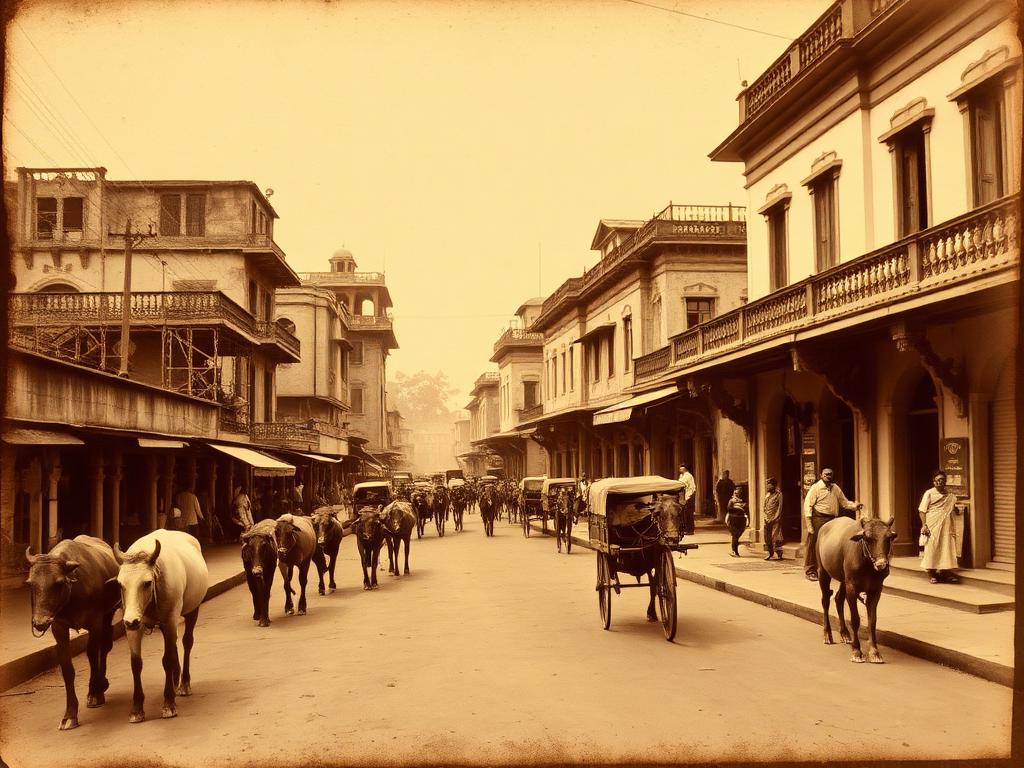 Sepia street scene of colonial-era Mysore
