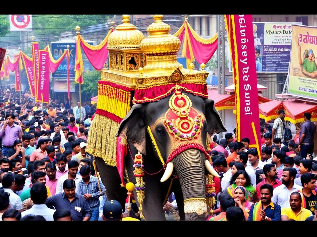 Dasara procession elephant with golden howdah
